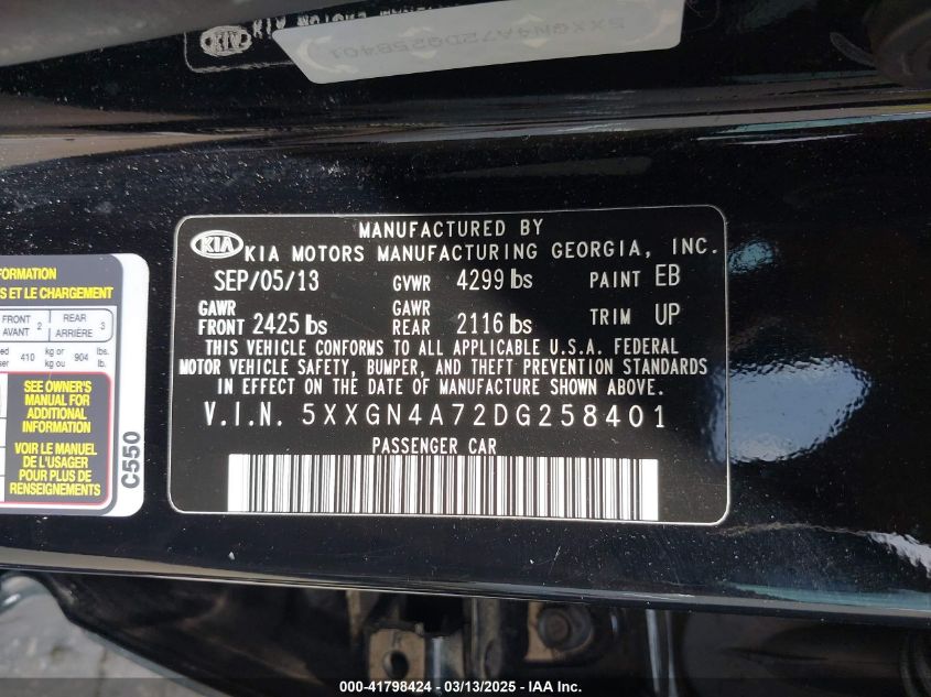 2013 Kia Optima Ex VIN: 5XXGN4A72DG258401 Lot: 41798424