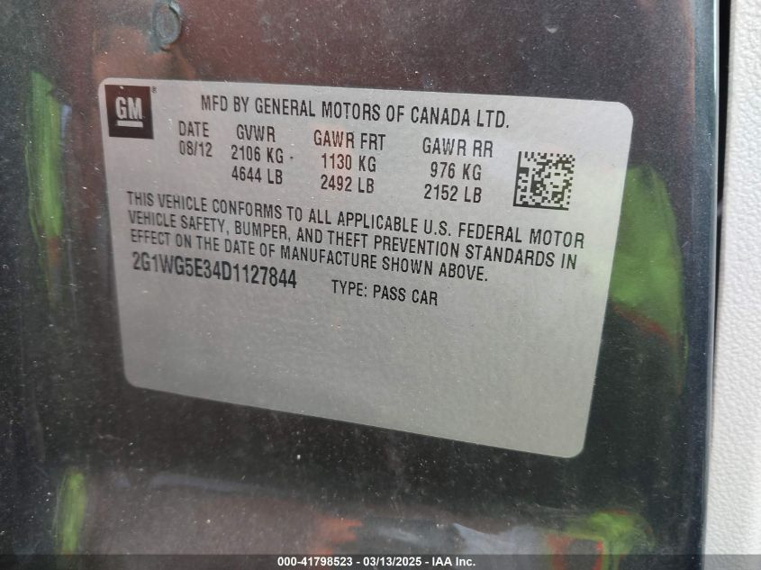 2013 Chevrolet Impala Lt VIN: 2G1WG5E34D1127844 Lot: 41798523