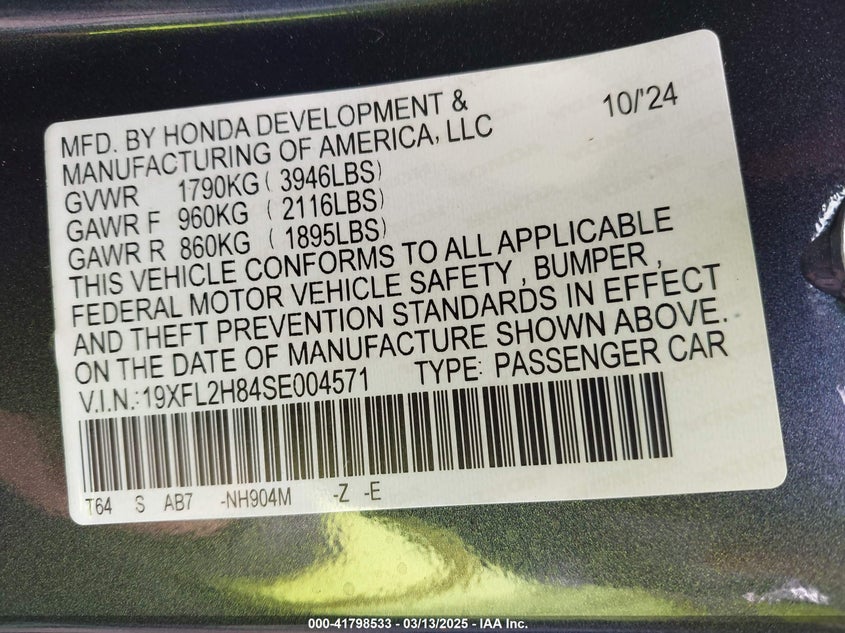 2025 HONDA CIVIC VIN: 19XFL2H84SE004571