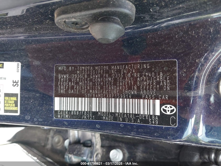 2024 TOYOTA COROLLA VIN: 5YFB4MDEXRP159914