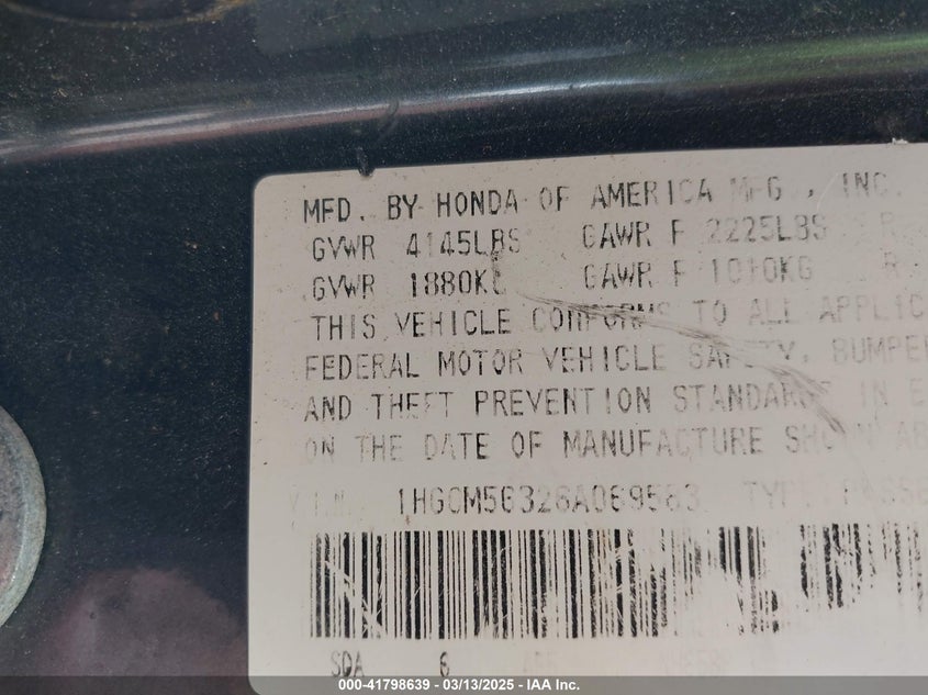 2006 HONDA ACCORD VIN: 1HGCM56326A069583