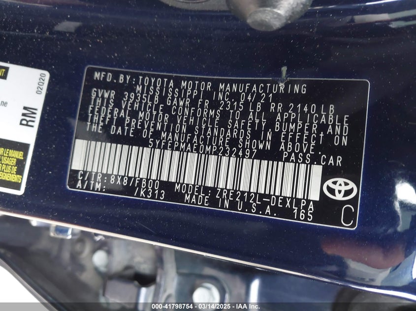 2021 TOYOTA COROLLA VIN: 5YFEPMAE0MP232497