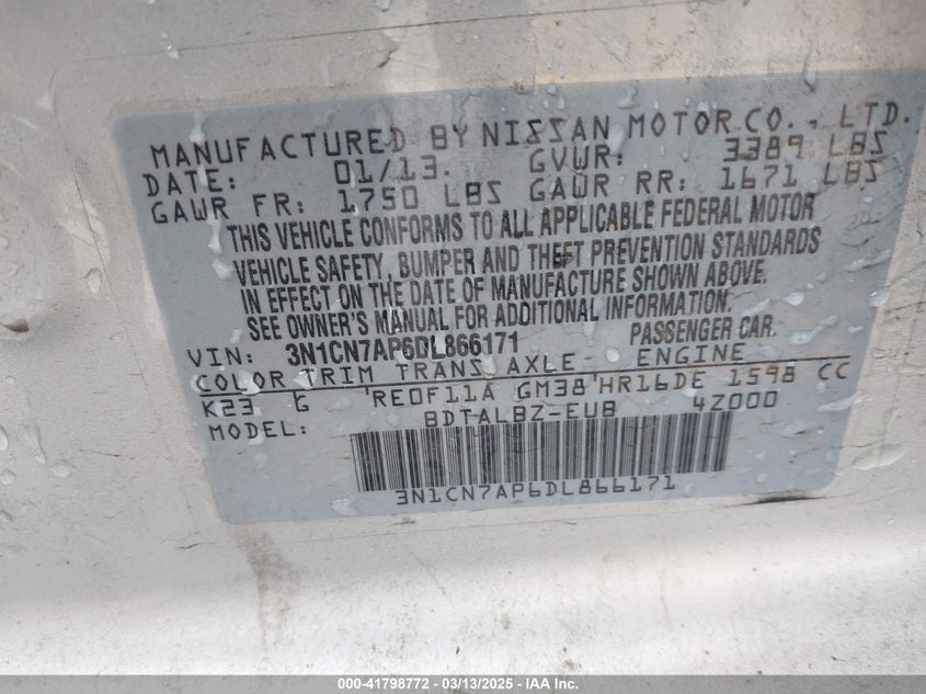 2013 NISSAN VERSA VIN: 3N1CN7AP6DL866171