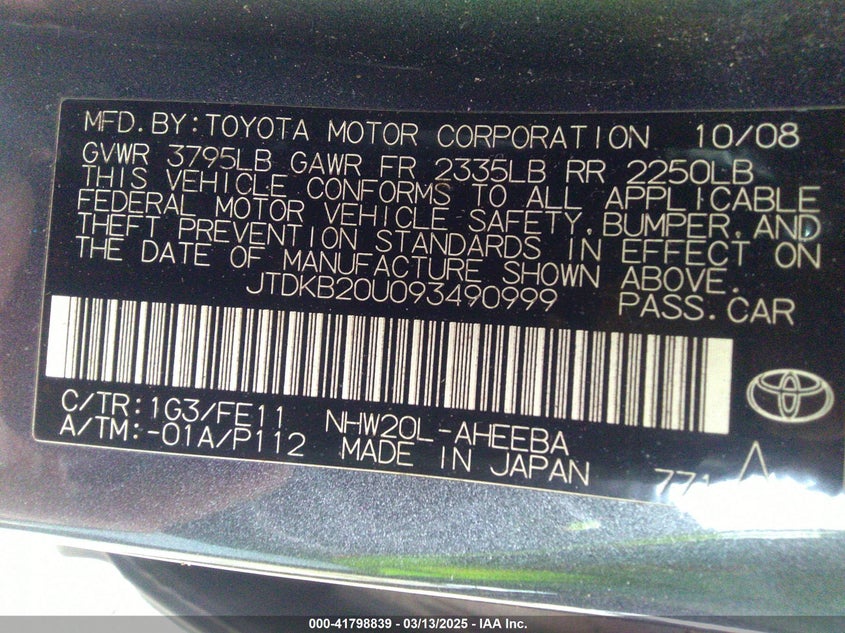 2009 TOYOTA PRIUS VIN: JTDKB20U093490999