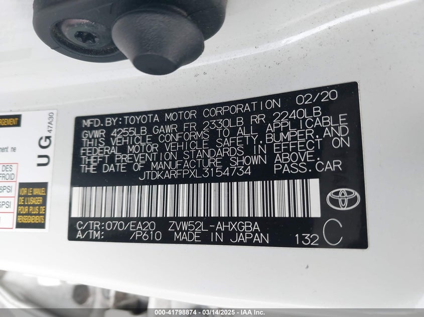 2020 TOYOTA PRIUS PRIME VIN: JTDKARFPXL3154734
