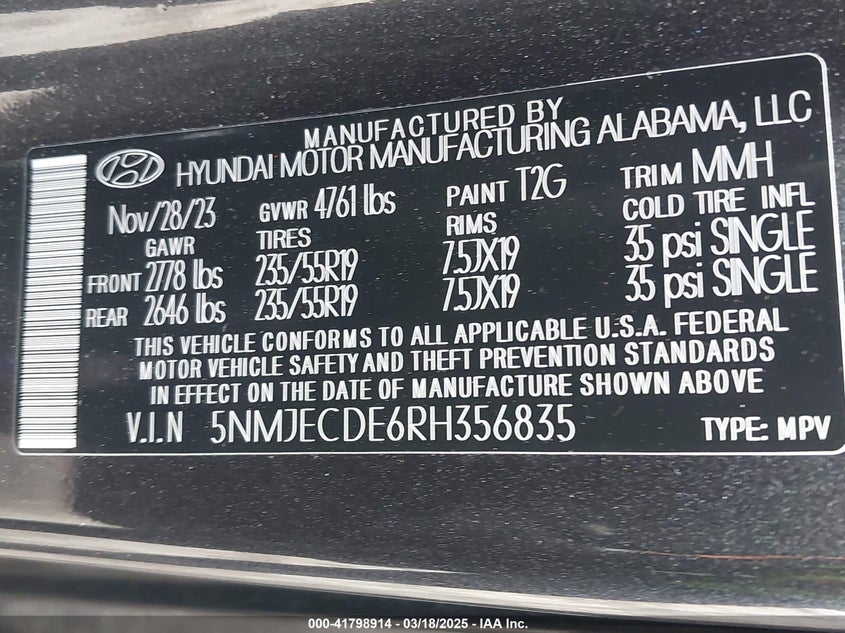 2024 HYUNDAI TUCSON 2.5L I-4 DI, DOHC, V(VIN: 5NMJECDE6RH356835