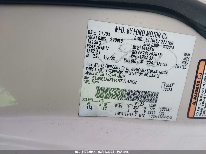 2005 Lincoln Aviator VIN: 5LMEU68H450J14828 Lot: 41798944