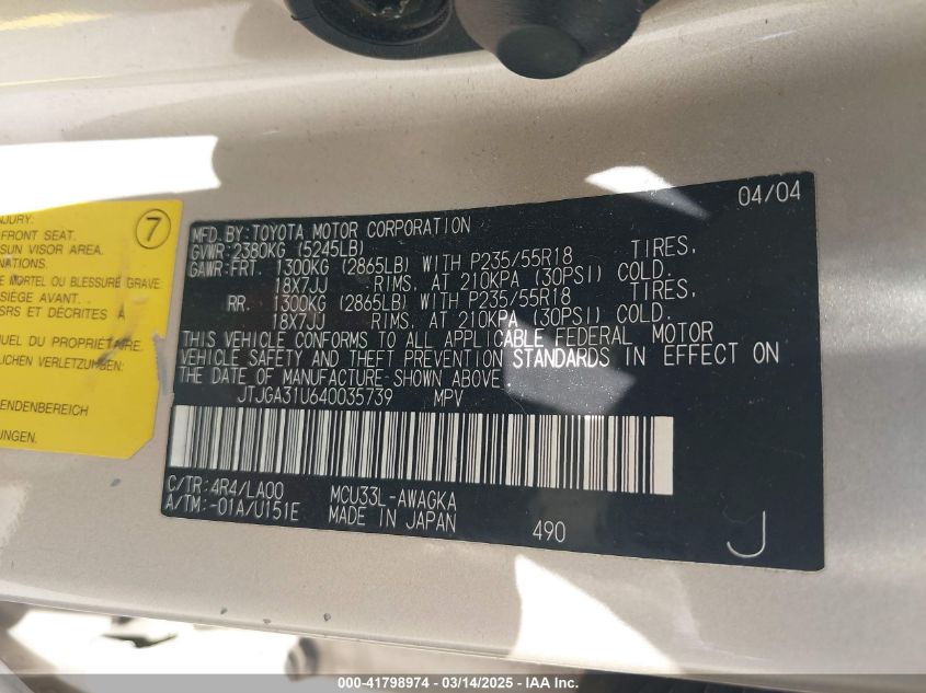 2004 Lexus Rx 330 VIN: JTJGA31U640035739 Lot: 41798974