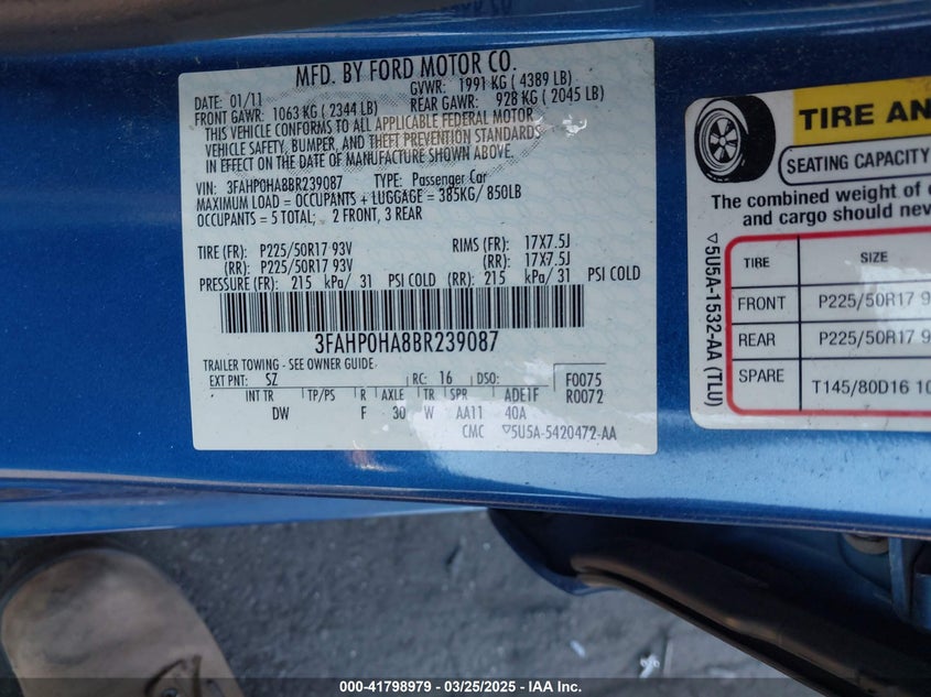 2011 FORD FUSION VIN: 3FAHP0HA8BR239087