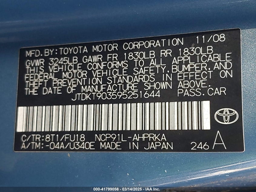2009 TOYOTA YARIS VIN: JTDKT903595251644