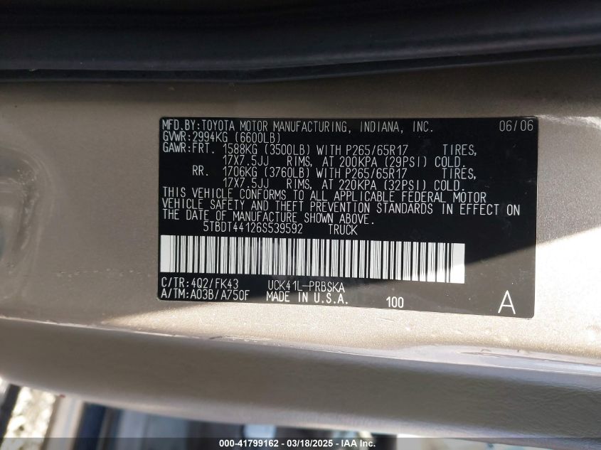 2006 Toyota Tundra VIN: 5TDDT44126F539592 Lot: 41799162