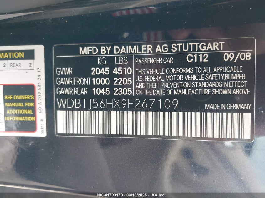 2009 MERCEDES-BENZ CLK 350 VIN: WDBTJ56HX9F267109