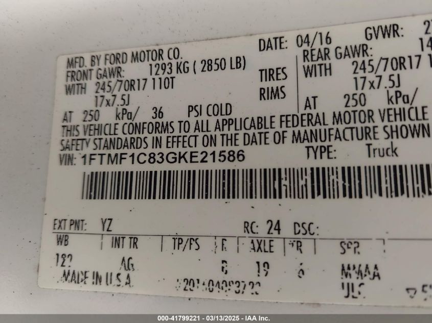 2016 Ford F-150 Xl VIN: 1FTMF1C83GKE21586 Lot: 41799221