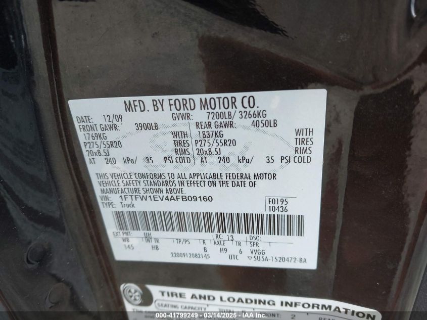 2010 Ford F-150 Fx4/Harley-Davidson/King Ranch/Lariat/Platinum/Xl/Xlt VIN: 1FTFW1EV4AFB09160 Lot: 41799249
