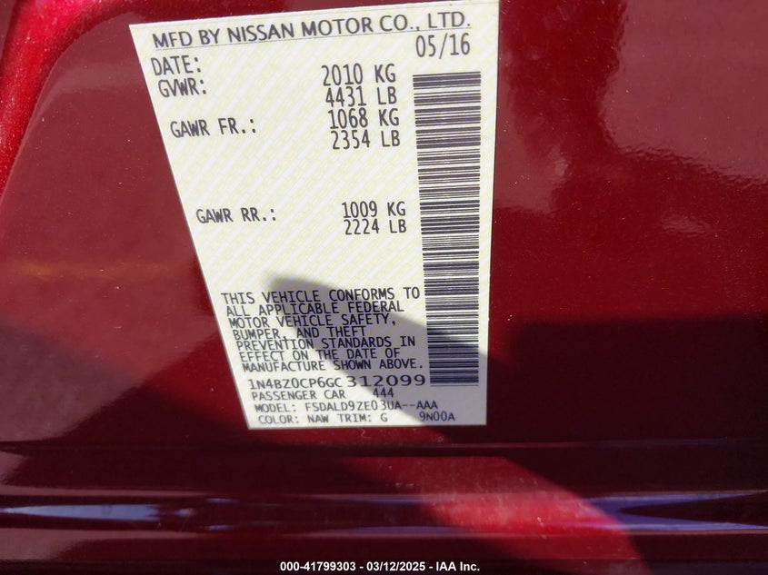 2016 NISSAN LEAF VIN: 1N4BZ0CP6GC312099
