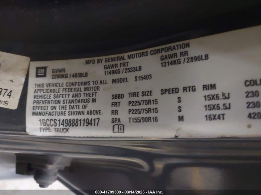 2008 CHEVROLET COLORADO VIN: 1GCCS149888119417