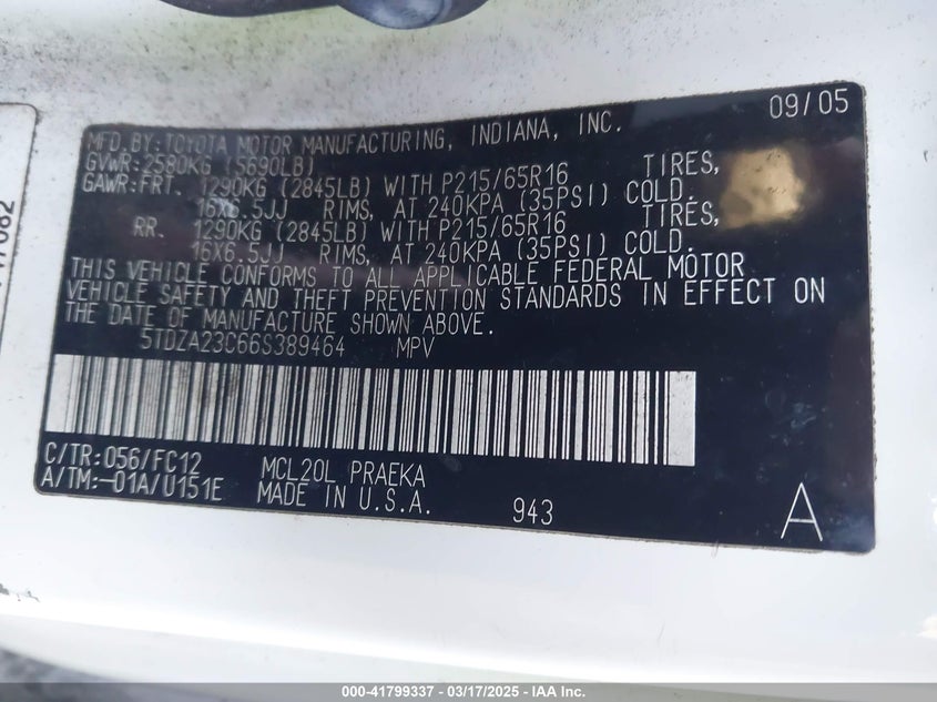 2006 TOYOTA SIENNA VIN: 5TDZA23C66S389464