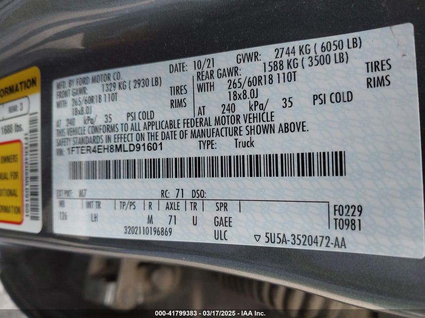 2021 FORD RANGER VIN: 1FTER4EH8MLD91601