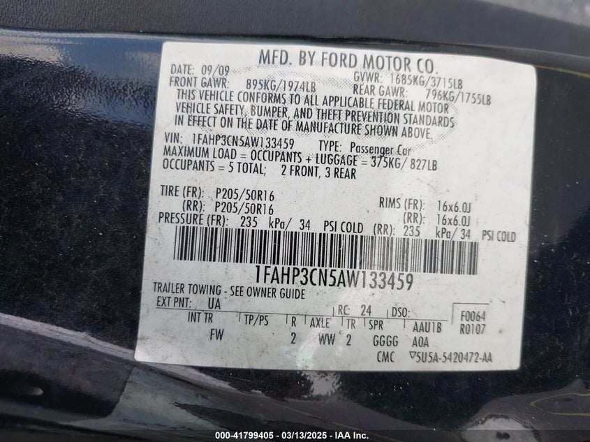 2010 FORD FOCUS VIN: 1FAHP3CN5AW133459