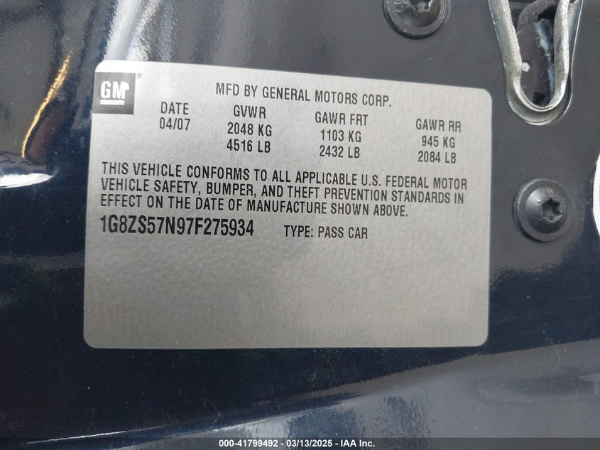 2007 SATURN AURA VIN: 1G8ZS57N97F275934