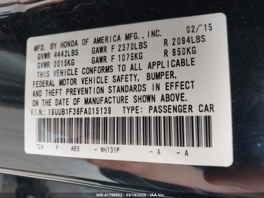 2015 ACURA TLX VIN: 19UUB1F36FA015139