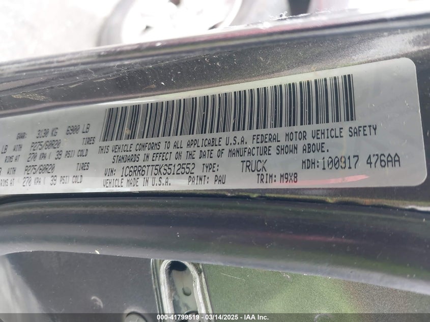 2019 RAM 1500 CLASSIC VIN: 1C6RR6TT5KS512552