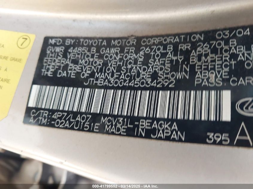 2004 Lexus Es 330 VIN: JTHBA30G445034292 Lot: 41799552