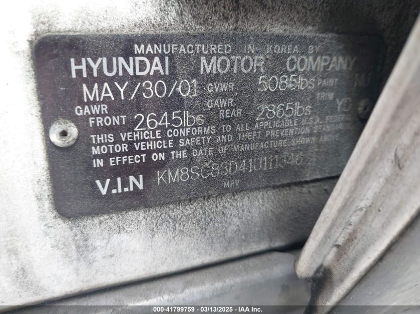 2001 Hyundai Santa Fe 2.7L V6 Gls/2.7L V6 Lx VIN: KM8SC83D41U111346 Lot: 41799759