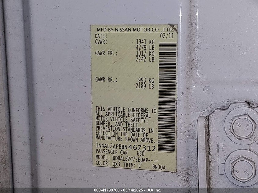 2011 NISSAN ALTIMA VIN: 1N4AL2AP8BN467312