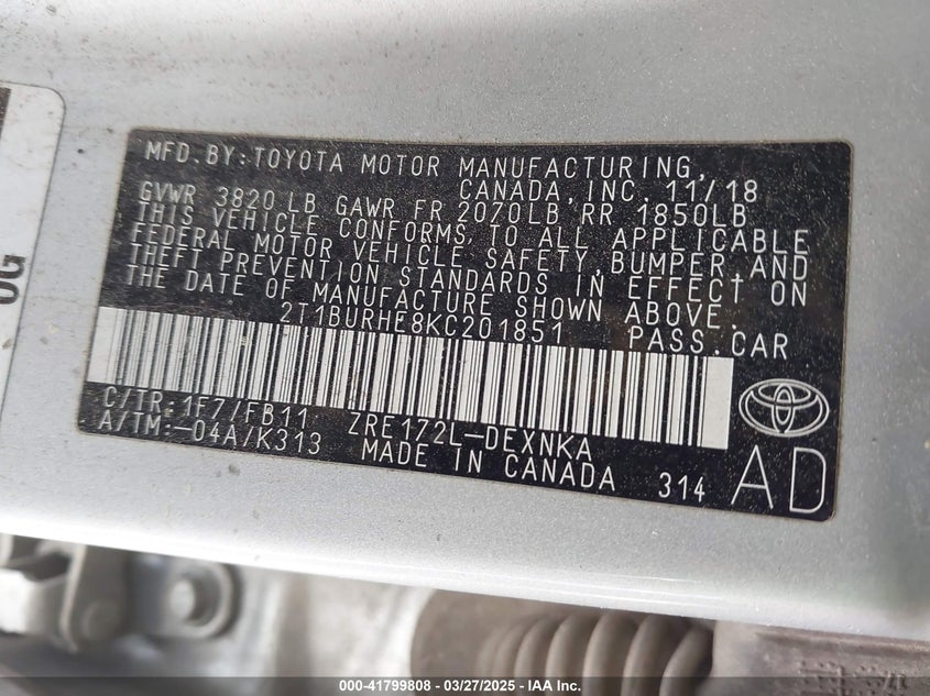 2019 TOYOTA COROLLA VIN: 2T1BURHE8KC201851