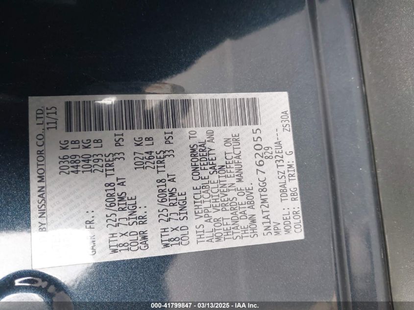 2016 Nissan Rogue Sl VIN: 5N1AT2MT8GC762055 Lot: 41799847