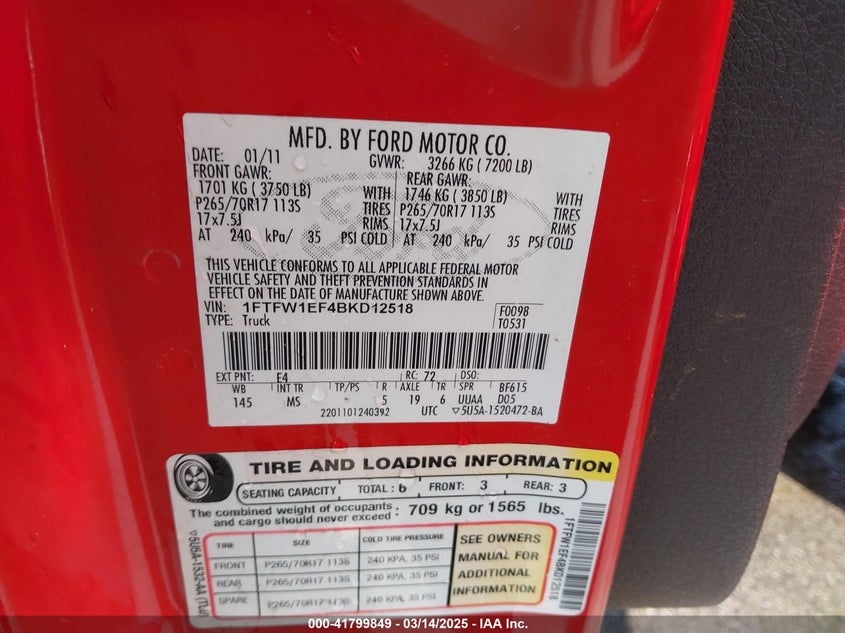 2011 FORD F-150 VIN: 1FTFW1EF4BKD12518