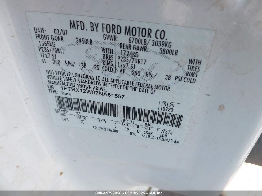 2007 Ford F-150 Stx/Xl/Xlt VIN: 1FTRX12W67NA51557 Lot: 41799858