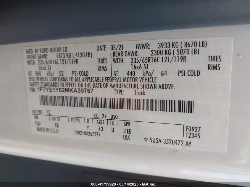 2021 FORD TRANSIT-150 VIN: 1FTYE1Y82MKA39767