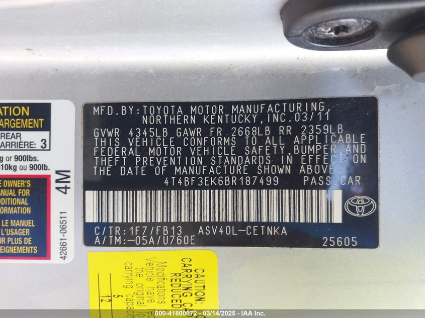 2011 TOYOTA CAMRY VIN: 4T4BF3EK6BR187499
