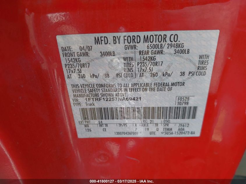 2007 Ford F-150 Stx/Xl/Xlt VIN: 1FTRF12257NA69421 Lot: 41800127