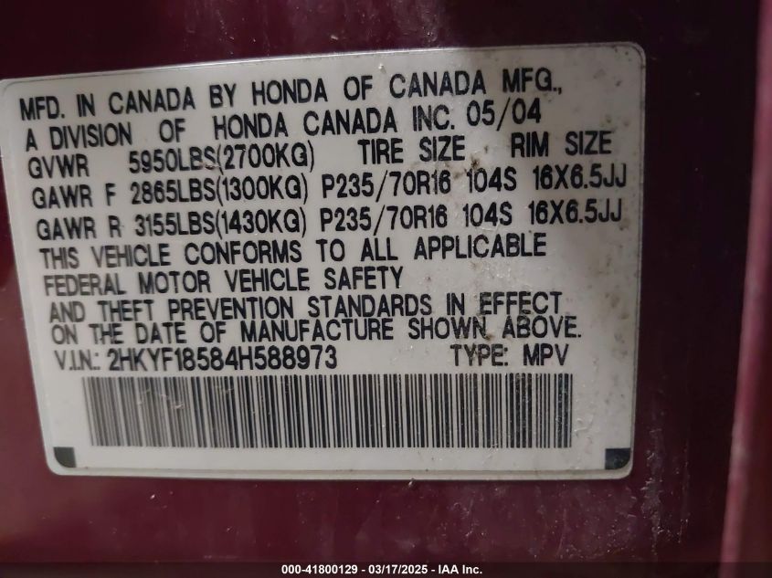 2004 Honda Pilot Ex-L VIN: 2HKYF18584H588973 Lot: 41800129