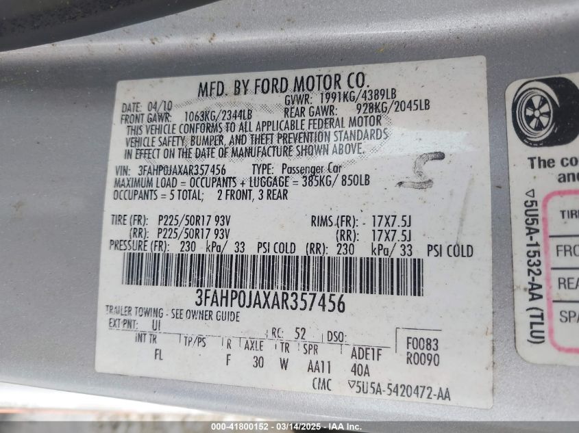 2010 Ford Fusion Sel VIN: 3FAHP0JAXAR357456 Lot: 41800152