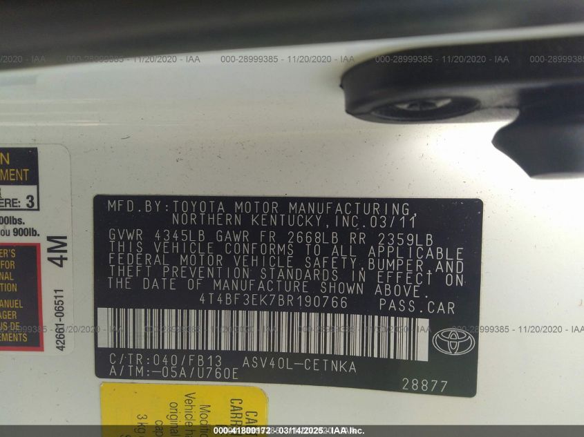 2011 Toyota Camry Le VIN: 4T4BF3EK7BR190766 Lot: 41800172