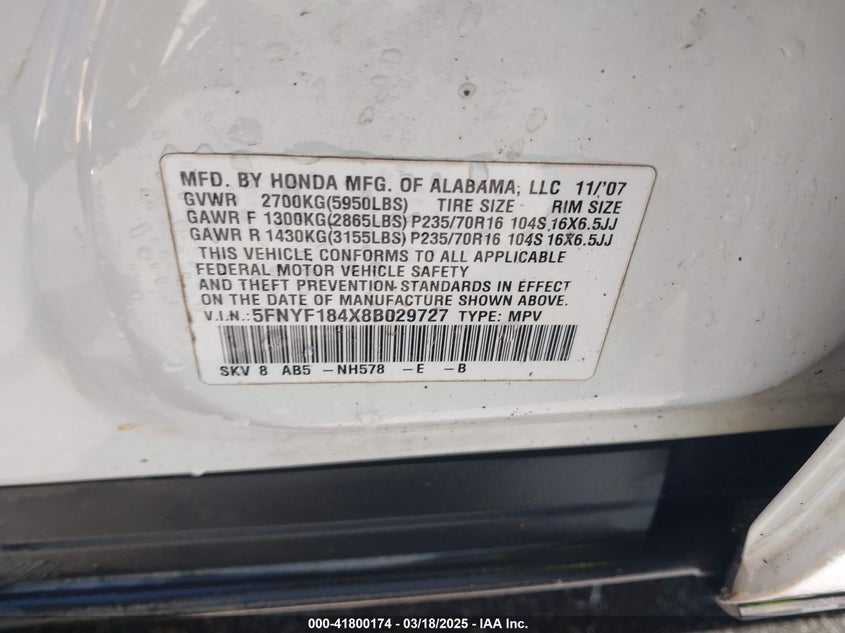 2008 Honda Pilot Ex VIN: 5FNYF184X8B029727 Lot: 41800174