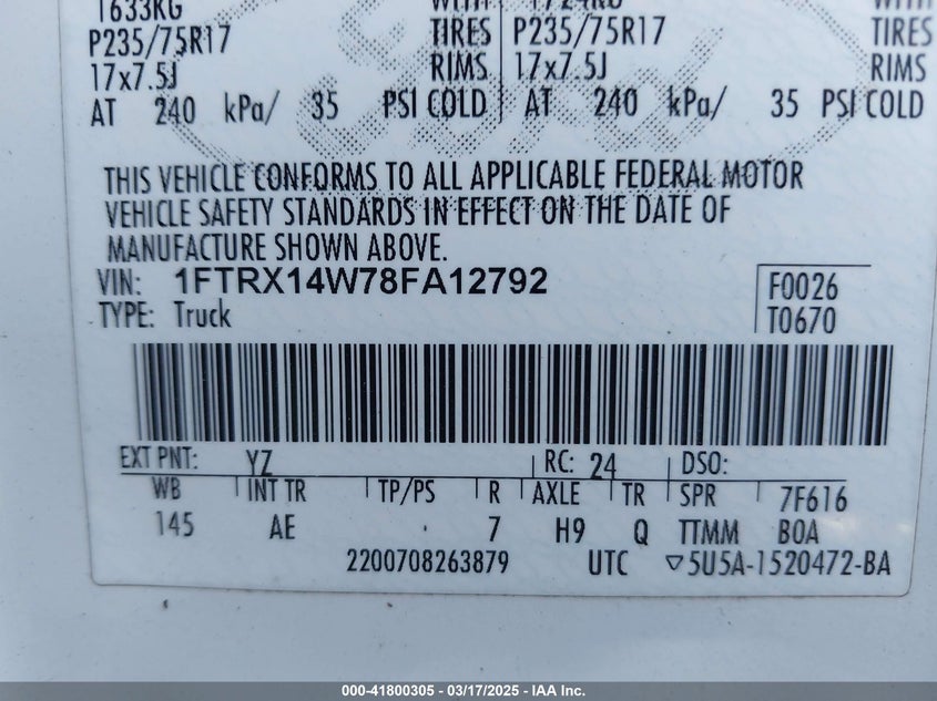 2008 FORD F-150 VIN: 1FTRX14W78FA12792