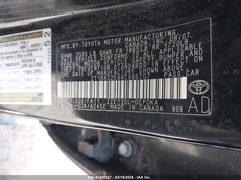 2008 TOYOTA COROLLA VIN: 2T1BR32E68C886707