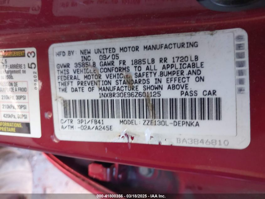 2006 Toyota Corolla Le VIN: 1NXBR30E96Z601125 Lot: 41800356