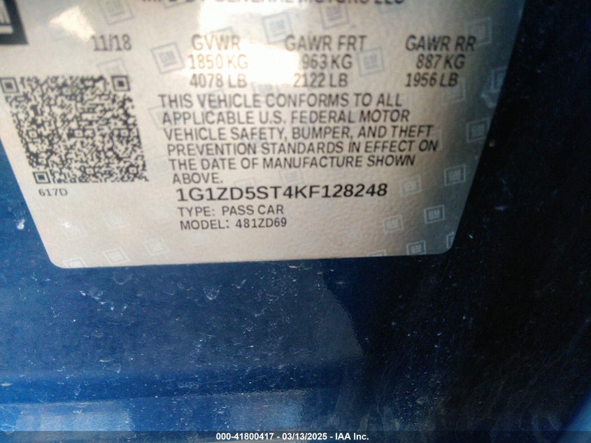 2019 CHEVROLET MALIBU VIN: 1G1ZD5ST4KF128248
