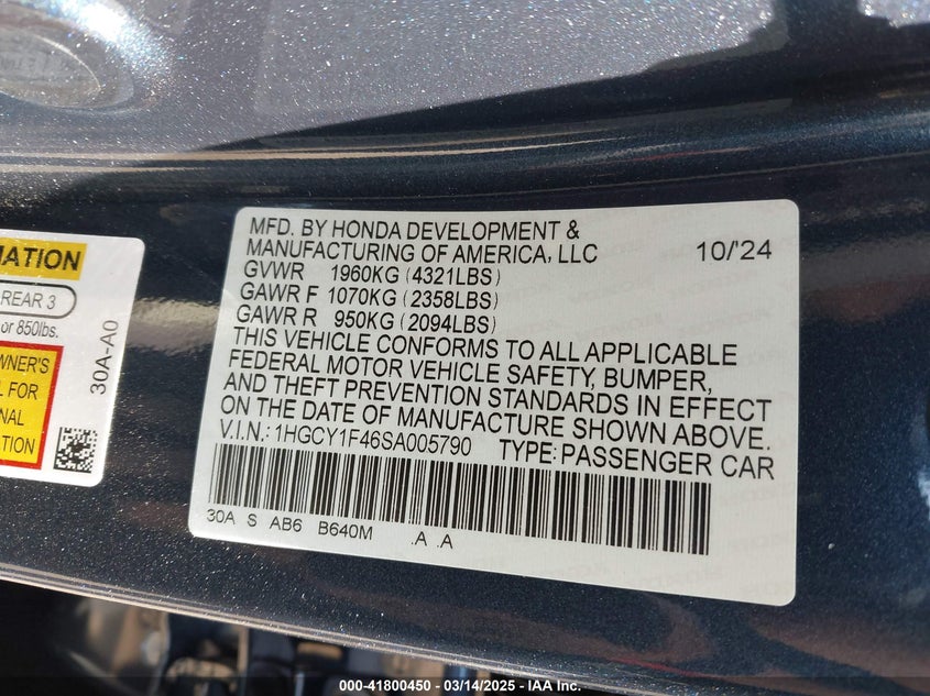 2025 HONDA ACCORD VIN: 1HGCY1F46SA005790