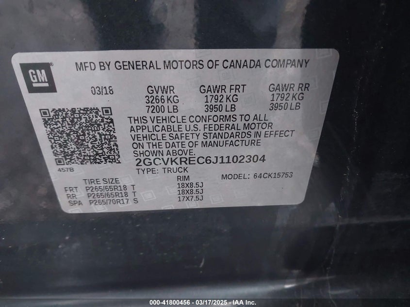2018 CHEVROLET SILVERADO VIN: 2GCVKREC6J1102304