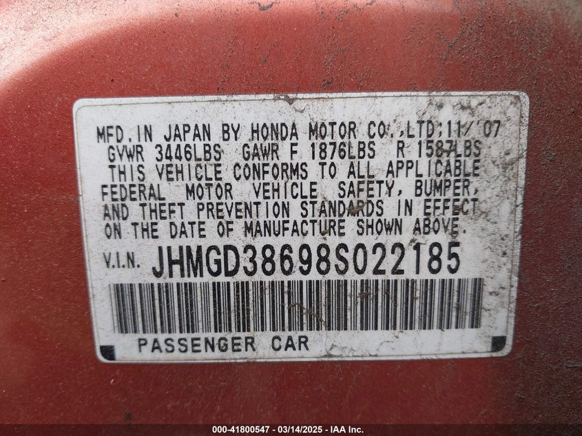 2008 HONDA FIT VIN: JHMGD38698S022185