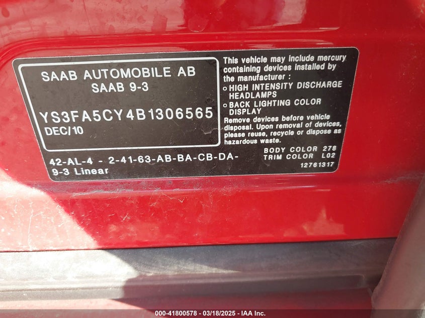 2011 SAAB 9 3 VIN: YS3FA5CY4B1306565