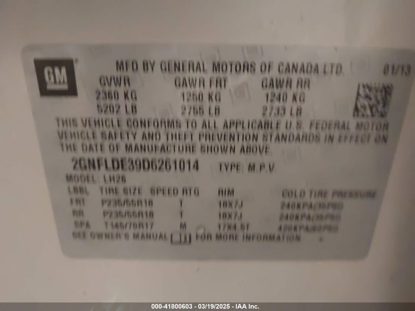 2013 Chevrolet Equinox 1Lt VIN: 2GNFLDE39D6261014 Lot: 41800603