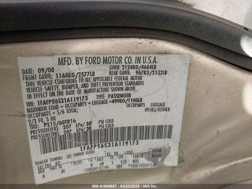 2001 Ford Taurus Sel VIN: 1FAFP56S31A119173 Lot: 41800657